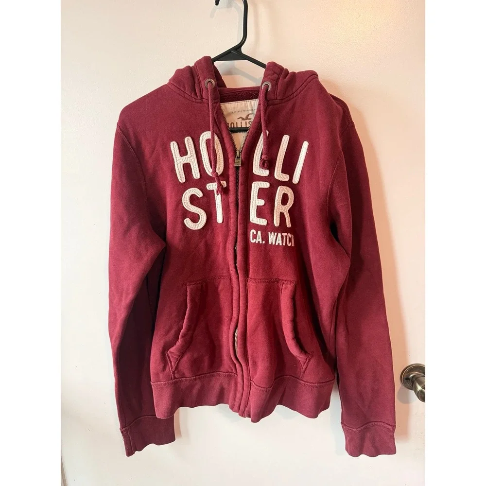 Y2K Hollister Hoodie Burgundy‎ Zip Up Sweater Unisex 2000s Red Sweater Graphic L
